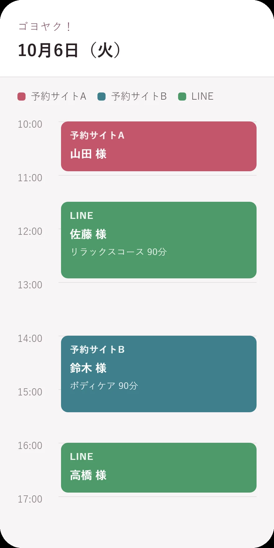 ゴヨヤク!の予約表画面。予約サイトA・予約サイトB・LINEからの予約が、1日のタイムラインに色分けで並んでいる